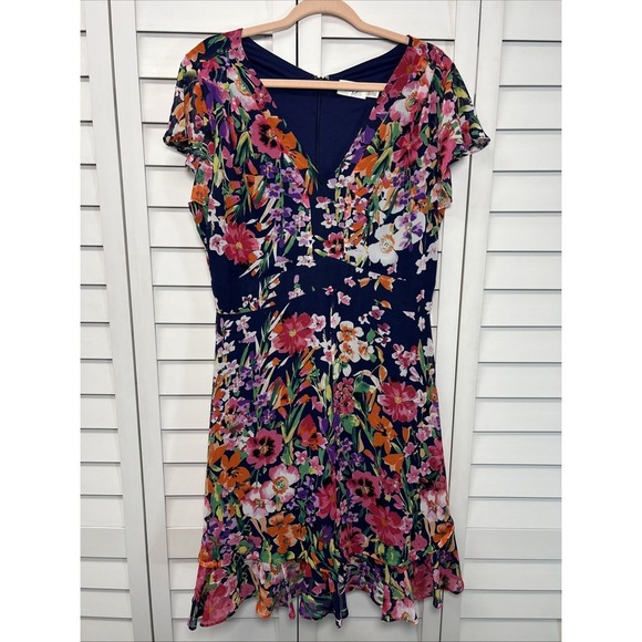 Eliza J Floral Flutter Sleeve V-Neck Ruffle Chiffon Dress Women's Size 6 - Picture 1 of 9